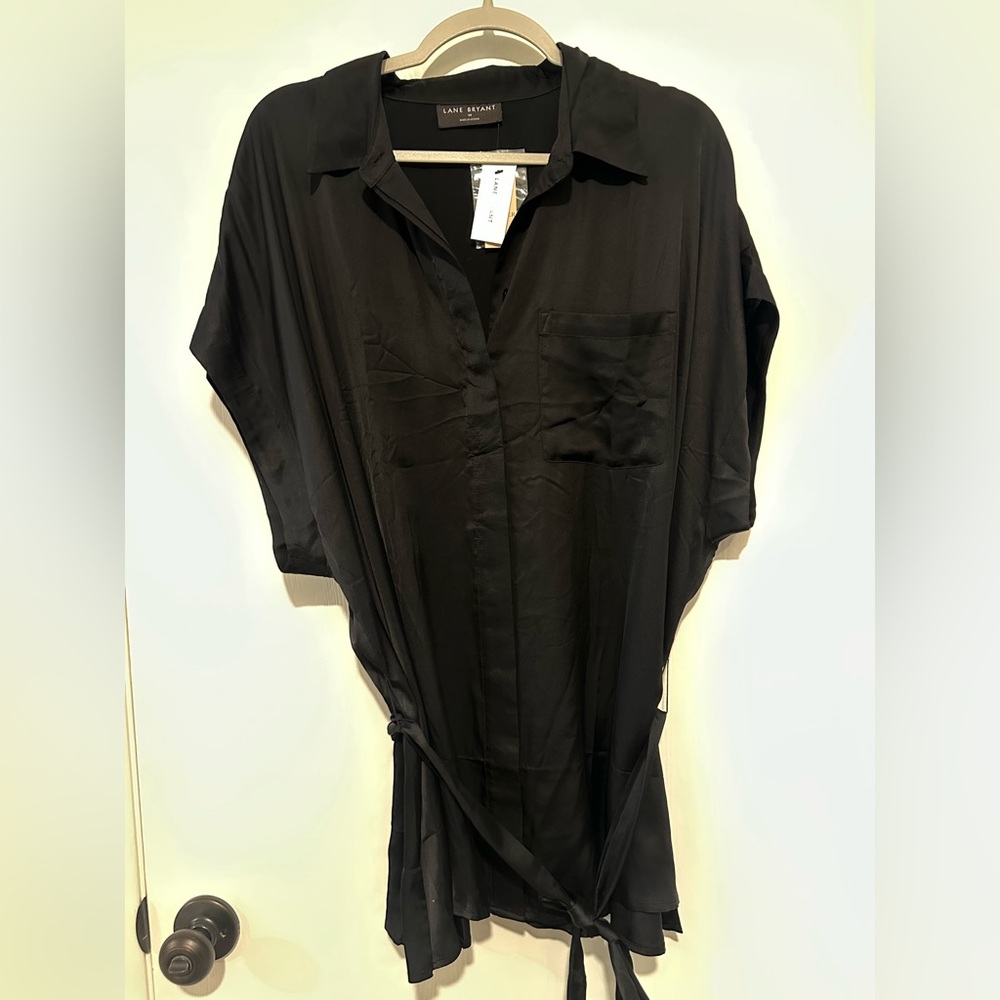Lane Bryant Satin button up blouse with tie waist.